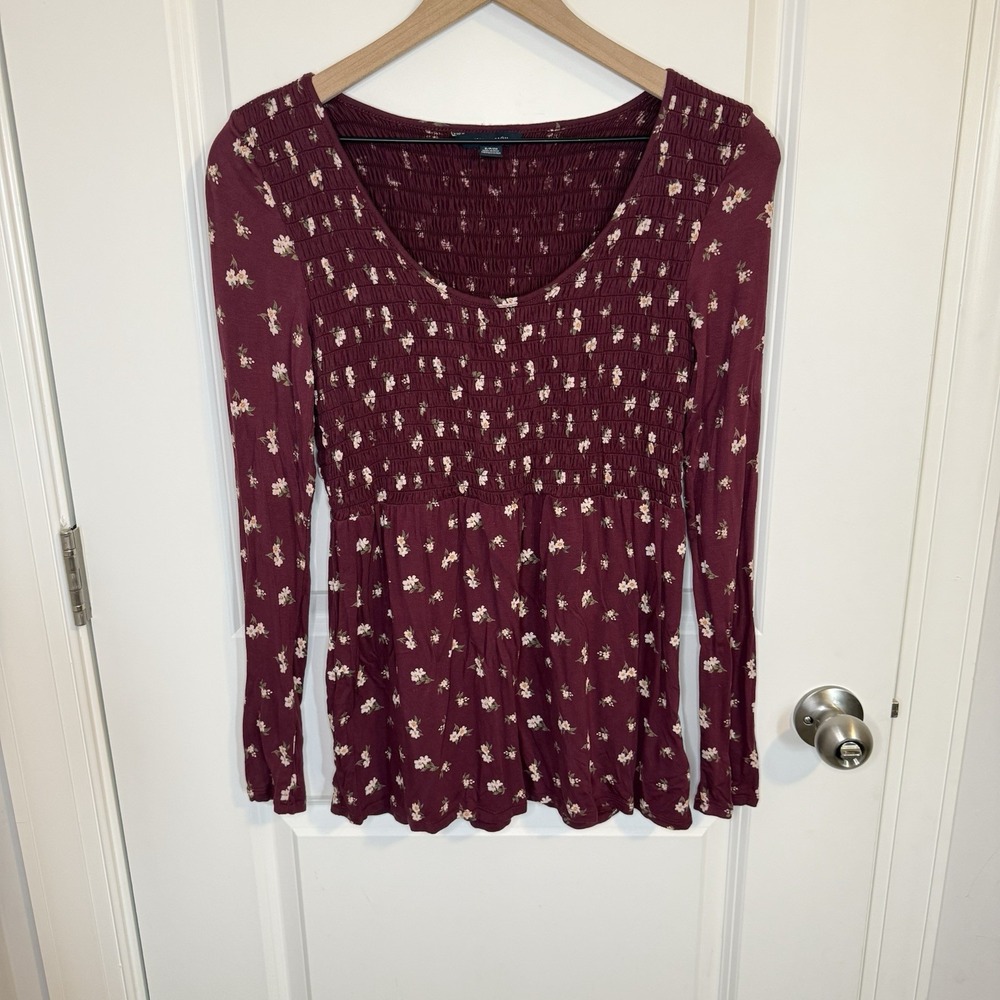 American Eagle Floral Smocked Peplum Long Sleeve Burgundy Top Size Sm Babydoll